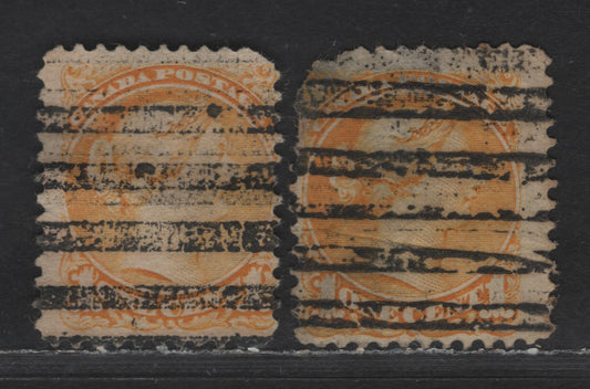 Lot 219 Canada Walburn#C35-D (Unitrade #35xx) 1c Yellow Queen Victoria, 1870-1893 Small Queen Issue, 2 Ungraded Used Singles, One Early-Mid Second Ottawa Printing, Other Mid Second Ottawa Printing, Double Style C Precancel, Both Faulty, Sold as Reference