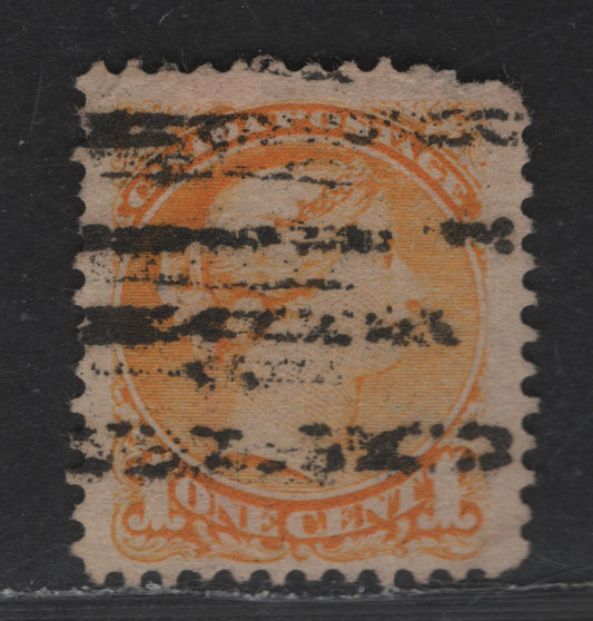 Lot 220 Canada Walburn#C35-D (Unitrade #35xx) 1c Yellow Queen Victoria, 1870-1893 Small Queen Issue, A Good Used Single, Mid Second Ottawa Printing, Double Style D Precancel, Perf 12, Faulty Upper Right Corner & Crease