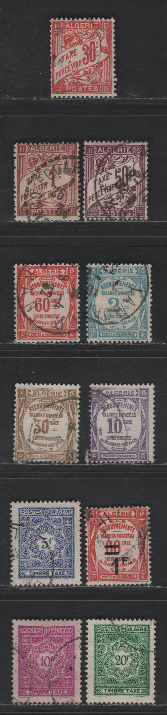 Lot 22 Algeria SC#J5, J7, J9, J13-J15, J17, J23, J42, J43, J45 30c - 20fr Rose Red - Bright Green Numerals, 1926-1955 Postage Dues, 11 Fine/Very Fine Used Singles