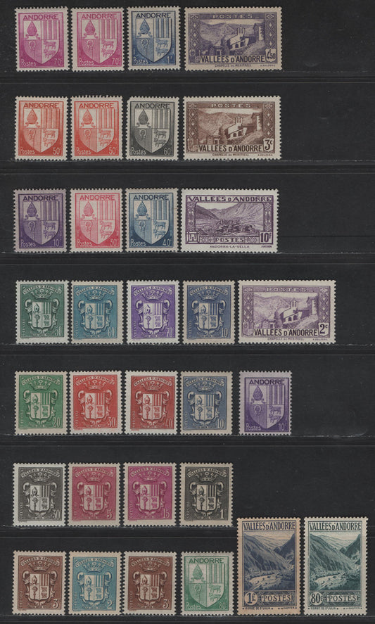 Lot 23 Andorra - French Admin SC#24-25, 46A, 51, 60c, 65-72A, 74-74 2c - 80c Violet - Blue Green Chapel of Meritxell - Coat of Arms, 1932-1944 Pictorial Definitives & Arms Issues, 32 F/VFOG Singles, Plus Additional Shades