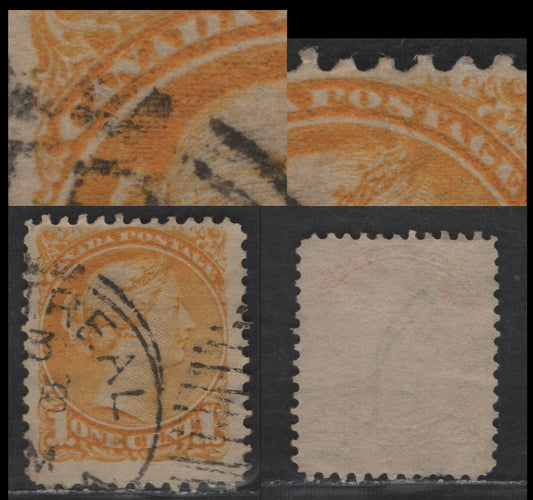 Lot 230 Canada #35i 1c Bright Yellow Queen Victoria, 1870-1893 Small Queen Issue, A Fine Used Single, Late Montreal Printing, Paper Type LM-C (See Body), Showing Re-entry in 'NAD' of 'Canada' & 'STA' of 'Postage', Perf 12.1x12.75