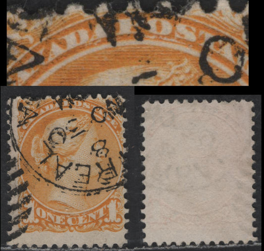 Lot 231 Canada #35ivar 1c Dull Yellow Queen Victoria, 1870-1893 Small Queen Issue, A Fine Used Single, Late Montreal Printing, Paper Type LM-D (See Body), Showing White Flaw Under 'ST' of Postage, Perf 12.1x12.2