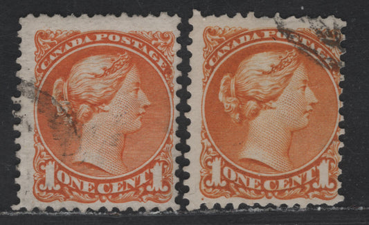 Lot 235 Canada #35iv 1c Deep Yellow Orange & Deep Orange Queen Victoria, 1870-1893 Small Queen Issue, 2 Fine Used Singles, First Ottawa Printings, Paper Types FO-D & FO-E (See Body)
