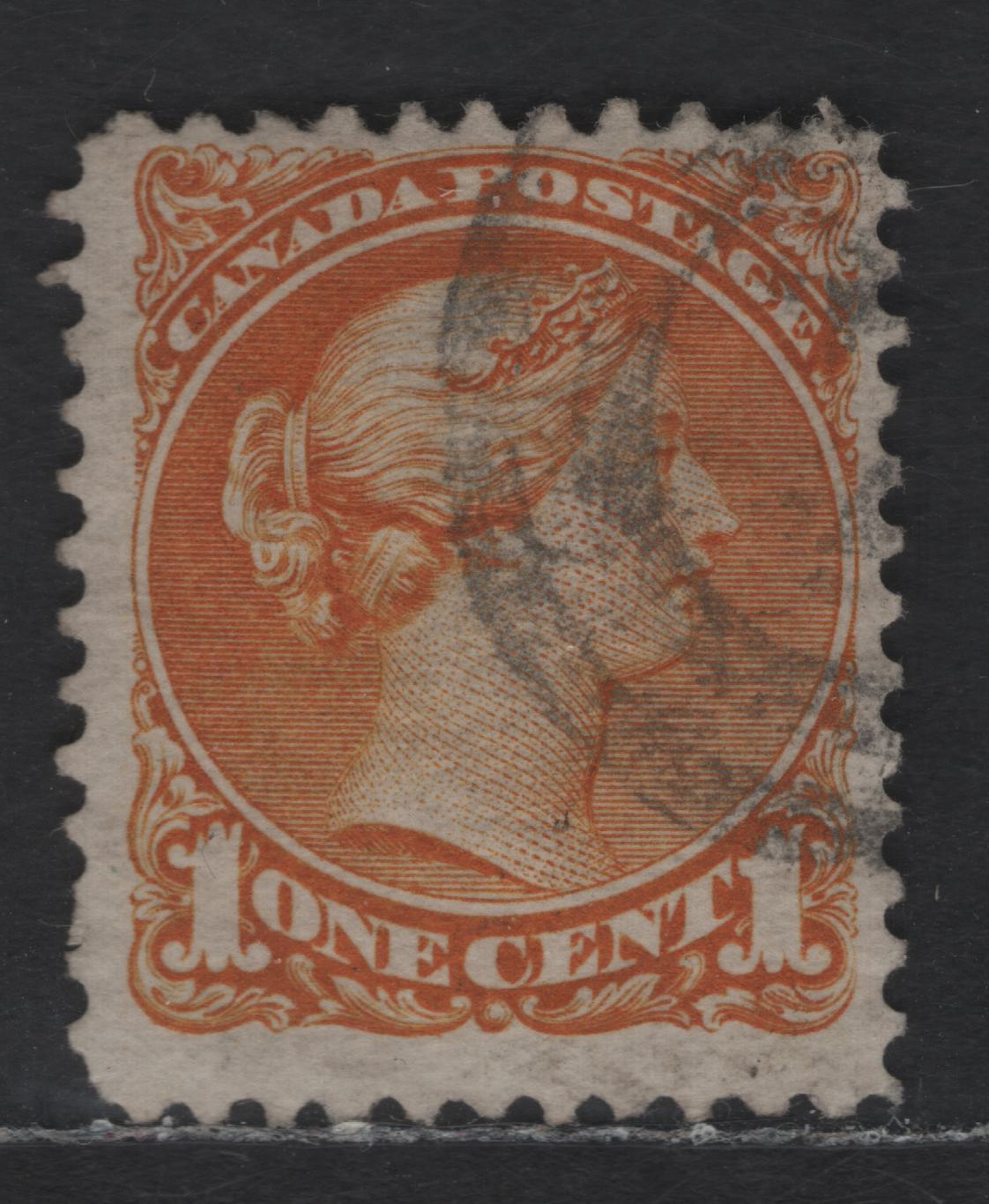 Lot 237 Canada #35iv 1c Deep Yellow Orange Queen Victoria, 1870-1893 Small Queen Issue, A Fine Used Single, First Ottawa Printing, Paper Type FO-F (See Body), Perf 11.9x12, No Plate Dot, 2 Ring Cancel