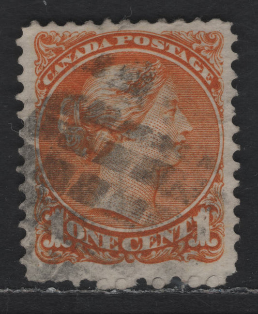 Lot 238 Canada #35iv 1c Deep Yellow Orange Queen Victoria, 1870-1893 Small Queen Issue, A Fine Used Single, First Ottawa Printing, Paper Type FO-F (See Body), Perf 12, Plate Dot At Lower Left, Circle of Wedges Cancel