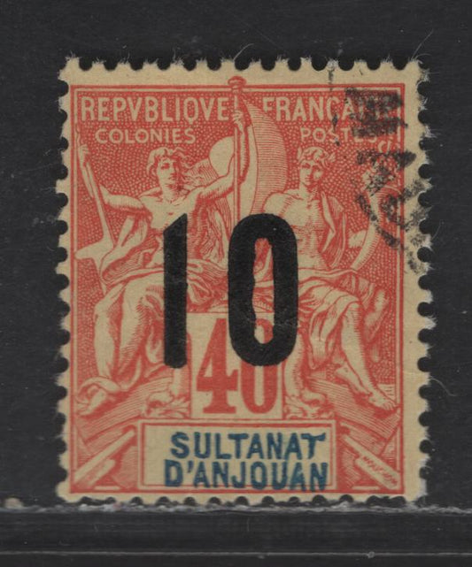 Lot 24 Anjouan SC#26a 10c on 40c Red on Straw Navigation & Commerce, 1912 Surcharged Navigation & Commerce Issue, A Fine Used Single, 2.75mm Between 1 & 0