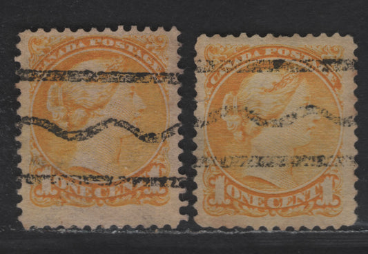 Lot 242 Canada Walburn#R-35 (Unitrade #35xx) 1c Bright Yellow & Yellow Queen Victoria, 1870-1893 Small Queen Issue, 2 Fine/Very Fine Used Singles, Mid Second Ottawa Printings, Paper Type SO-C, Style T Precancel, Perf 12x12.2