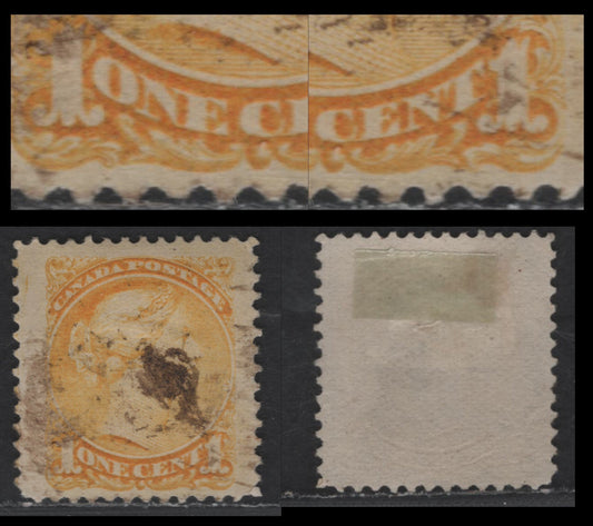 Lot 244 Canada #35i 1c Very Bright Lemon Yellow Queen Victoria, 1870-1893 Small Queen Issue, A Very Fine Used Single, Late Montreal Printing, Paper Type LM-E (See Body), Re-Entry in 'N' of 'One' And 'NT' of Cent, Jumbo Margins At Sides