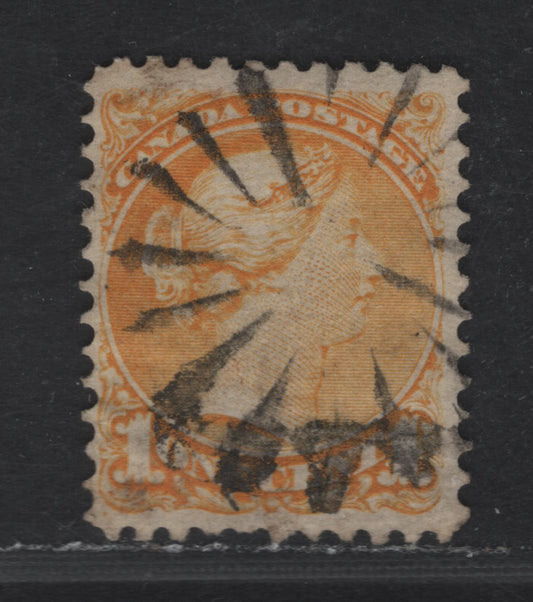 Lot 245 Canada #35i 1c Yellow Queen Victoria, 1870-1893 Small Queen Issue, A Fine Used Single, Mid Montreal Printing, Paper Type MM-B (See Body), Perf 12x12.1, Position Dot At LL, Fancy Starburst, Thin Wedges Cancel
