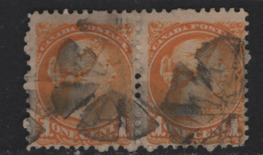 Lot 248 Canada #35d 1c Orange Queen Victoria, 1870-1893 Small Queen Issue, A Very Good Used Single, Mid Montreal Printing, Paper Type MM-C (See Body), Perf 11.5x12, Both Stamps Having A Plate Dot, Circle of Wedges Cork Cancel