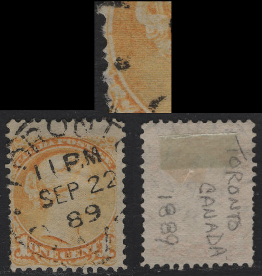 Lot 249 Canada #35i 1c Lemon Yellow Queen Victoria, 1870-1893 Small Queen Issue, A Very Good Used Single, Late Montreal Printing (1886-1889), Clear Medallion Dot At 9'Oclock & SON Sept 22 1889 Toronto CDS Cancel