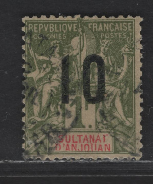Lot 25 Anjouan SC#30b 10c on 1fr Bronze on Straw Navigation & Commerce, 1912 Surcharged Navigation & Commerce Issue, A Fine Used Single, 2.75mm Between 1 & 0