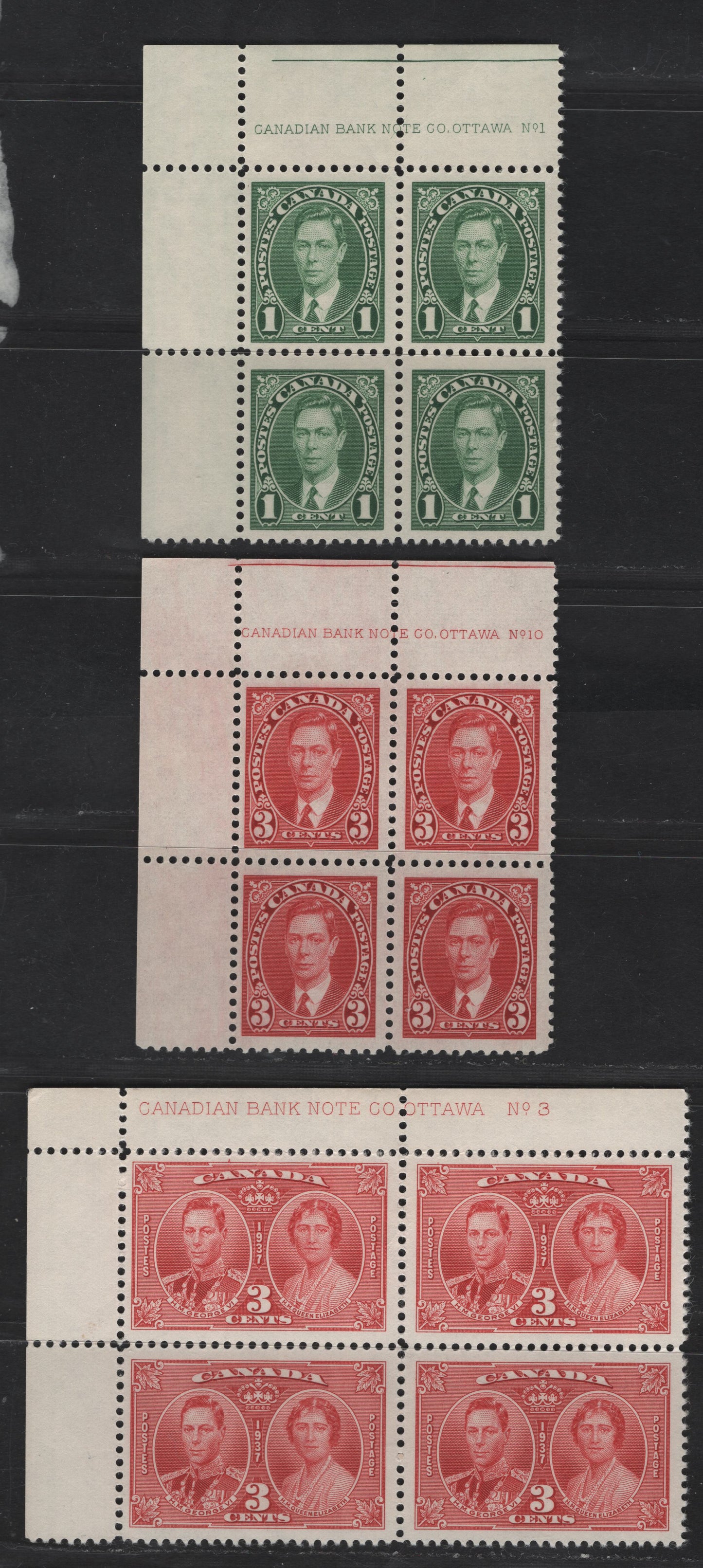 Lot 252 Canada #231, 233, 237 1c Green, 3c Carmine, 3c Carmine, 1937 King George VI Mufti / Coronation Issues, 3 VF NH/LH Plate Blocks Plates 1,3 & 10 Blocks Different Papers & Gums