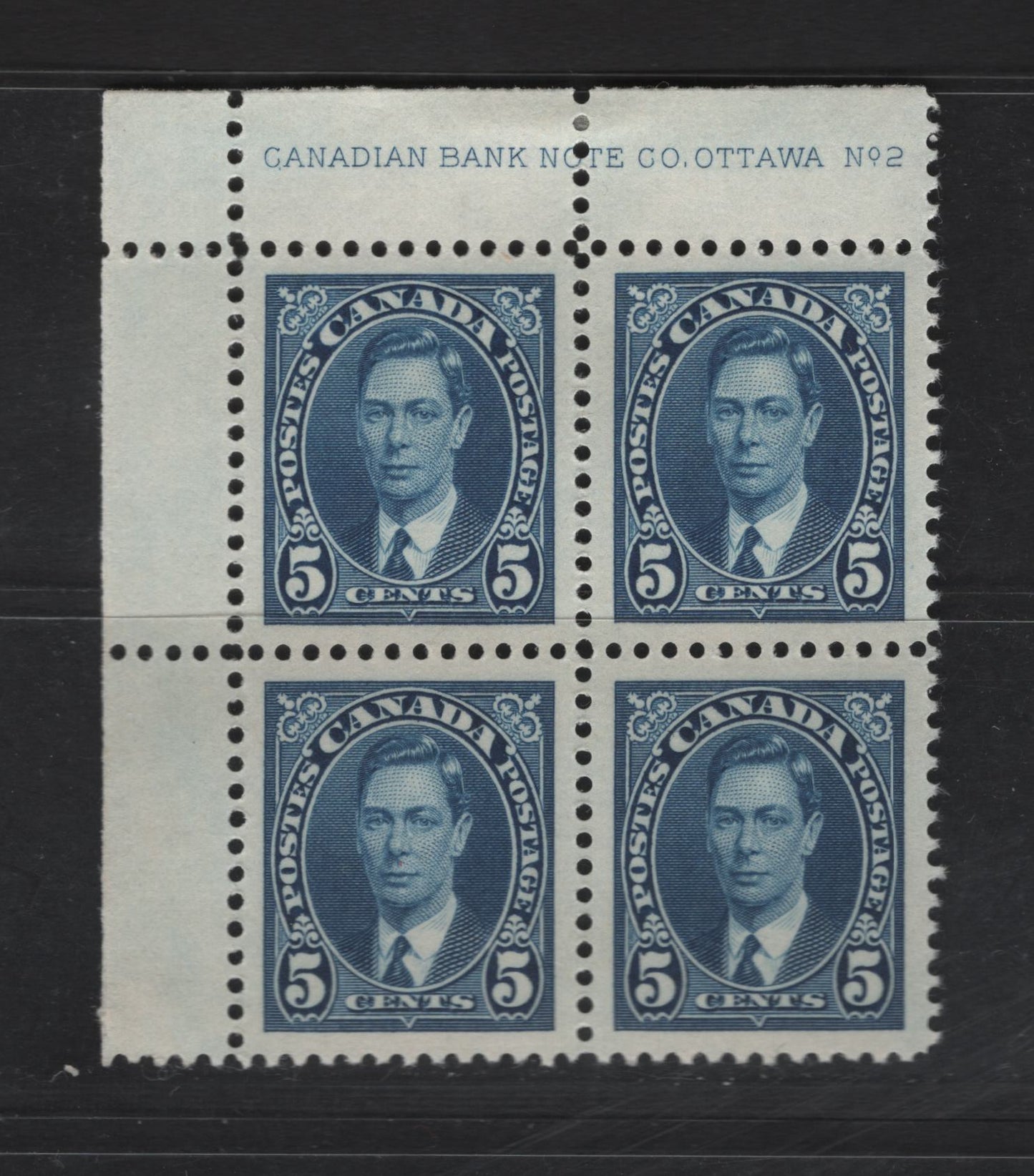 Lot 255 Canada #235 5c Blue King George VI, 1937 Mufti Issue, A VFNH UL Plate 2 Block Of 4, Perf 12, Hinge in Selvedge