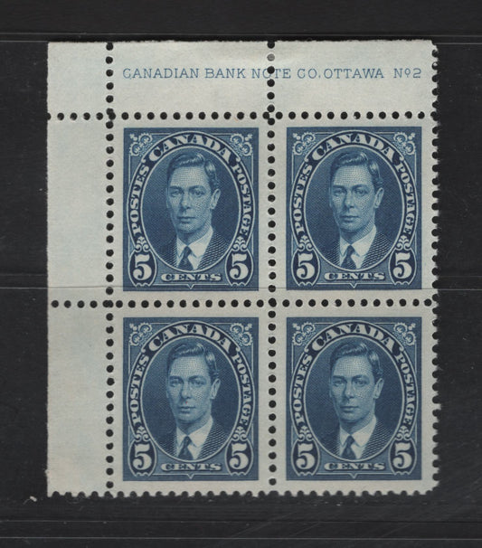 Lot 255 Canada #235 5c Blue King George VI, 1937 Mufti Issue, A VFNH UL Plate 2 Block Of 4, Perf 12, Hinge in Selvedge
