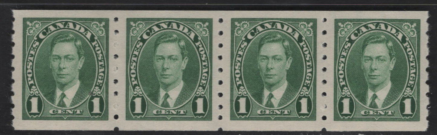 Lot 256 Canada #238 1c Green King George VI, 1937 Mufti Coil Issue, A VFNH Coil Strip Of 4, Perf 8 Vertical