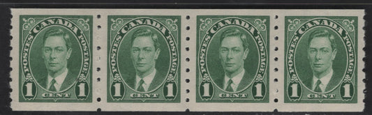 Lot 256 Canada #238 1c Green King George VI, 1937 Mufti Coil Issue, A VFNH Coil Strip Of 4, Perf 8 Vertical