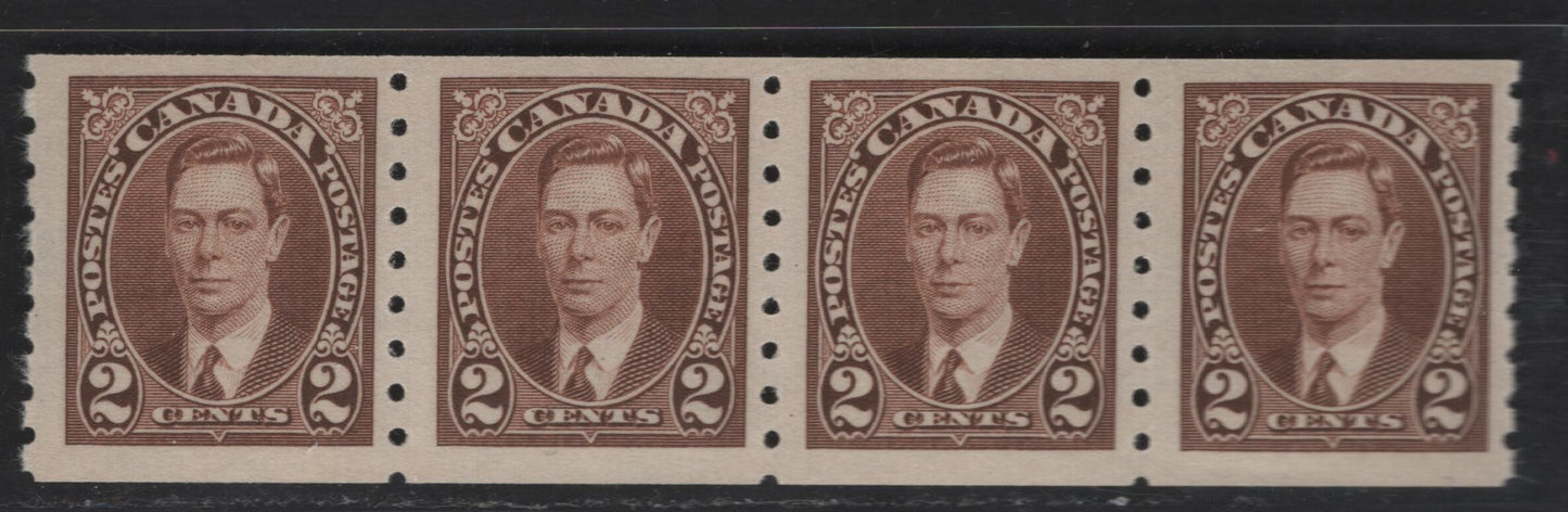 Lot 257 Canada #239 2c Brown King George VI, 1937 Mufti Coil Issue, A VFNH Coil Strip Of 4, Perf 8 Vertical
