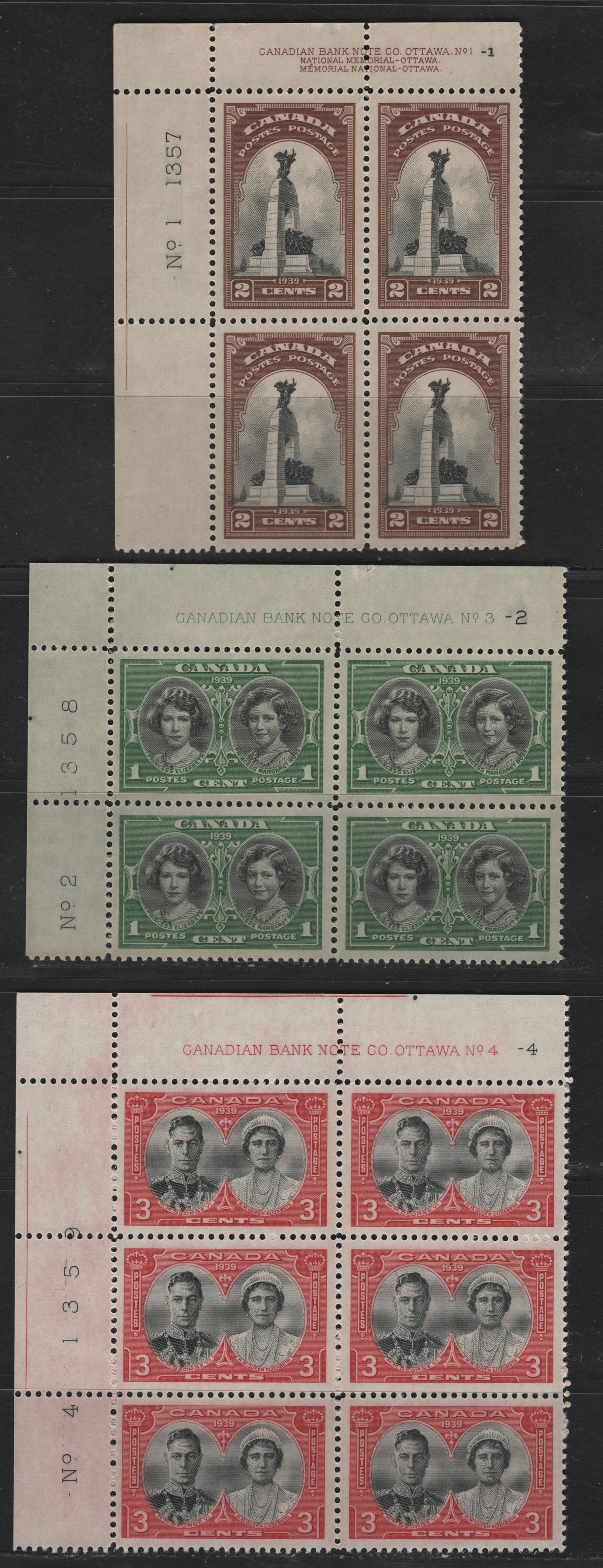 Lot 260 Canada #246-248 1c - 3c Green & Black - Dark Carmine & Black HRH Elizabeth & argaret - KGVI & Queen Elizabeth, 1939 Royal Visit Issue, 3 VFNH UL Plate Blocks Of 4, Plates 3-2 (1c), 1-1 (2c) & 4-4 (3c), Perf 12