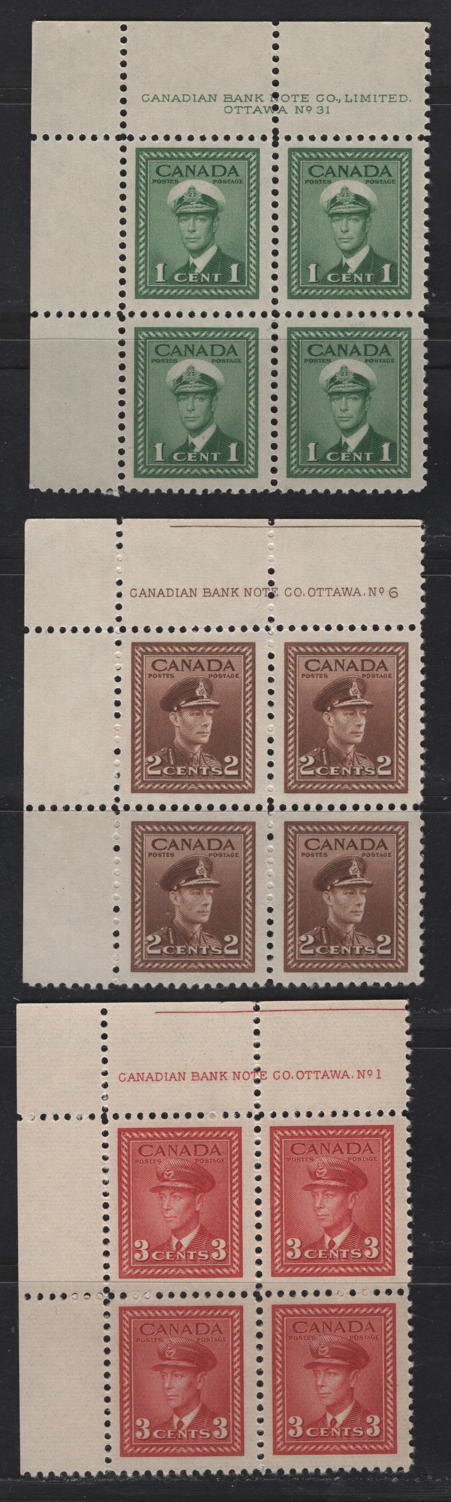 Lot 261 Canada #249-251 1c - 3c Green - Dark Carmine King George VI, 1942-1943 War Issue, 3 VFNH UL Plate Blocks Of 4, Plates 31 (1c), 6 (2c) & 1 (3c), Perf 12