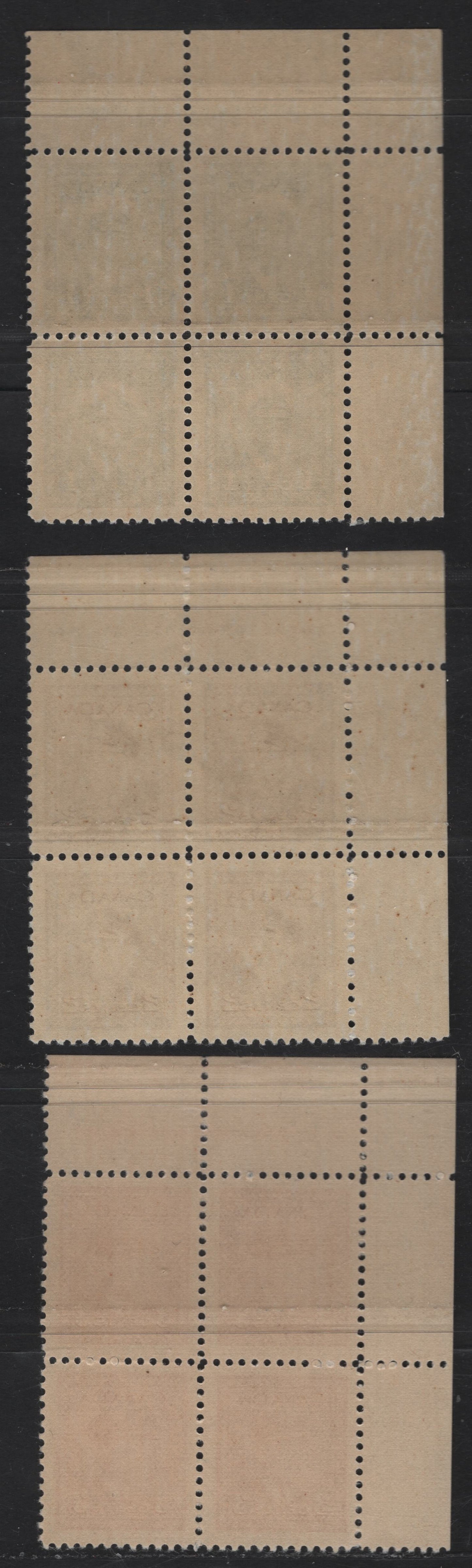 Lot 261 Canada #249-251 1c - 3c Green - Dark Carmine King George VI, 1942-1943 War Issue, 3 VFNH UL Plate Blocks Of 4, Plates 31 (1c), 6 (2c) & 1 (3c), Perf 12