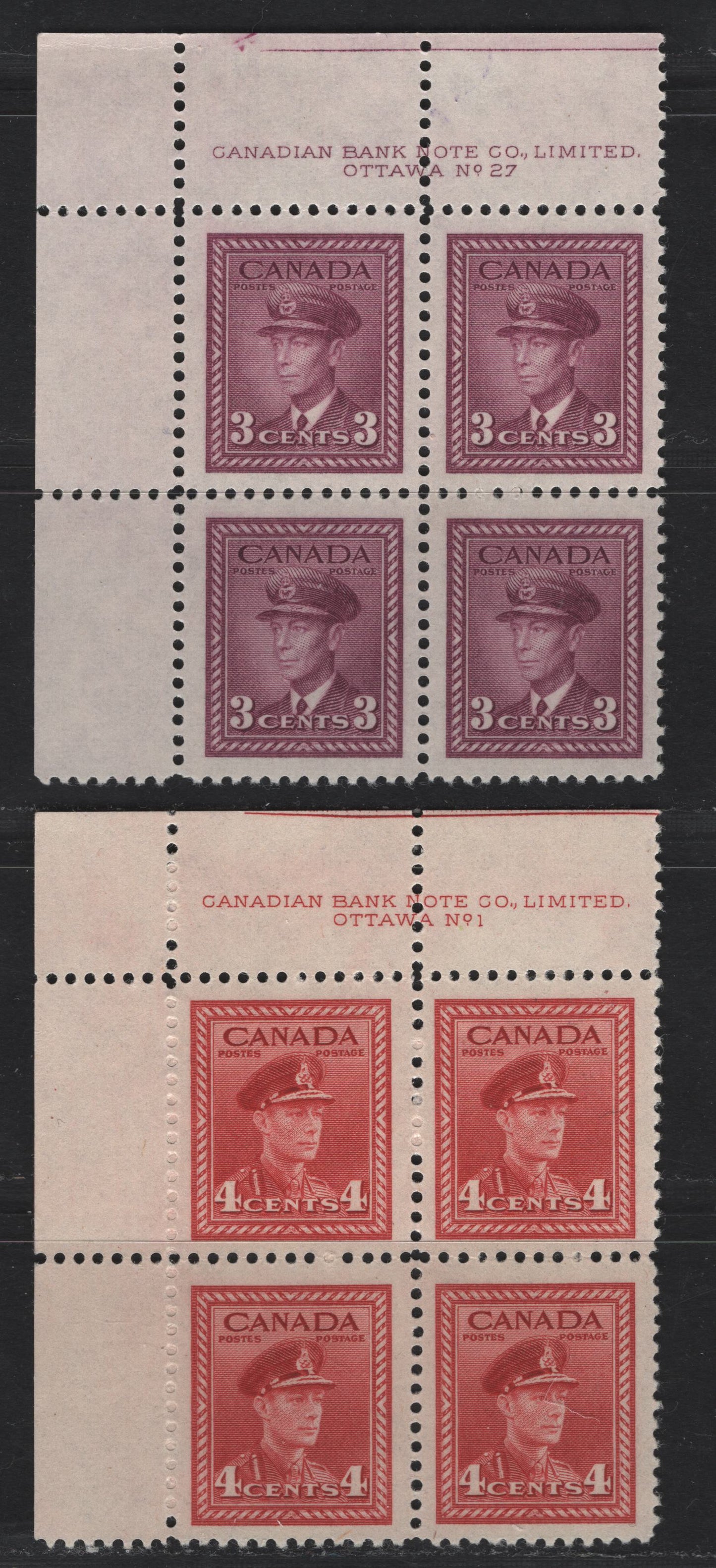 Lot 262 Canada #252, 254 3c - 4c Rose Violet - Dark Carmine King George VI, 1942-1943 War Issue, 2 VFNH UL Plate Blocks Of 4, Plates 27 (3c) & 1 (4c), Perf 12