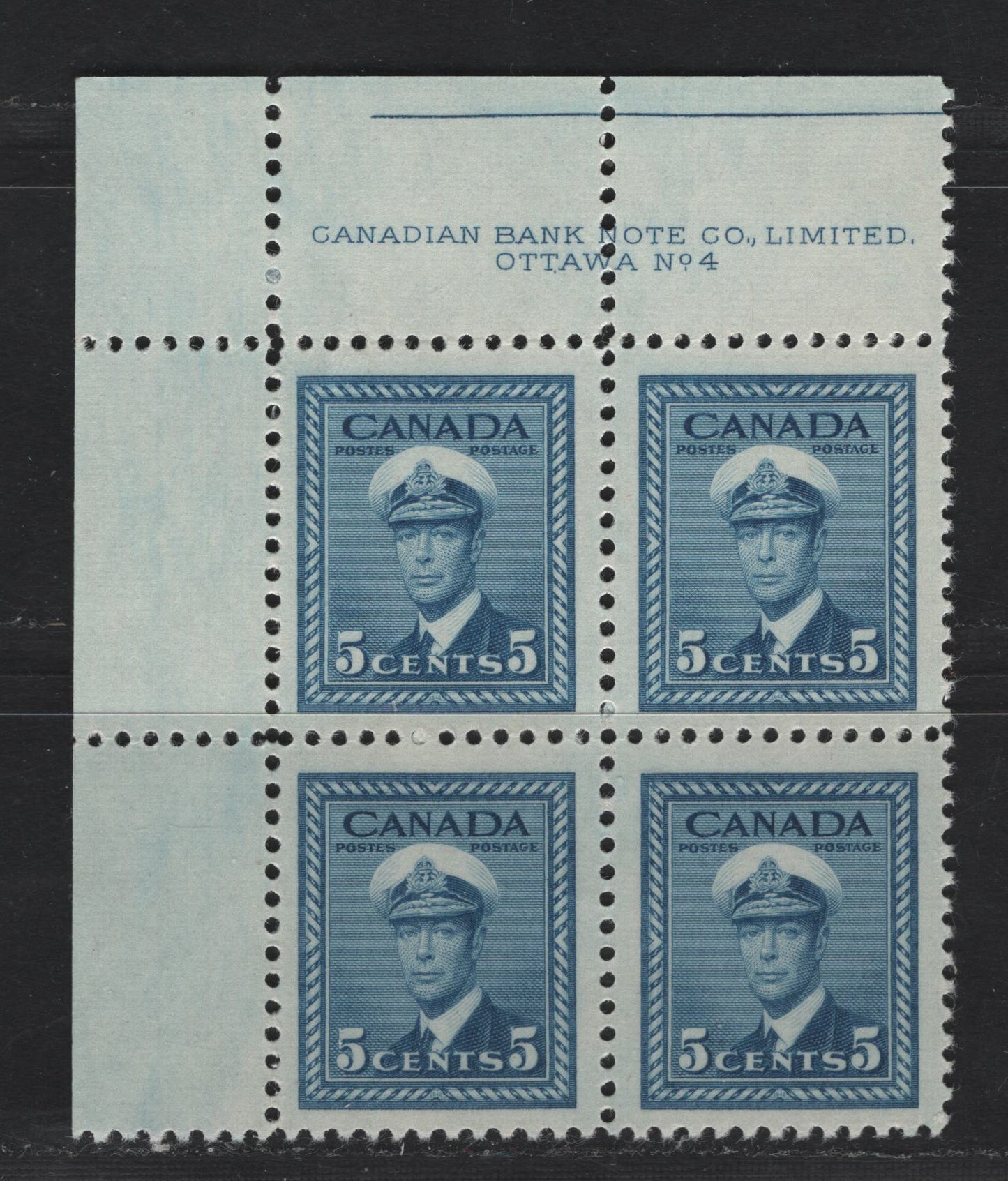 Lot 264 Canada #255 5c Deep Blue King George VI, 1942-1943 War Issue, A VFNH UL Plate 4 Block Of 4, Perf 12