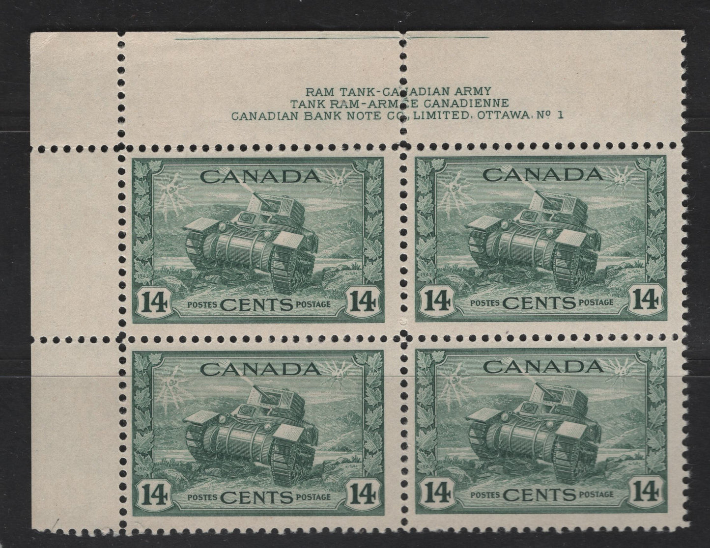 Lot 267 Canada #259 14c Dull Green Ram Tank, 1942-1943 War Issue, A VFNH UL Plate 1 Block Of 4, Perf 12