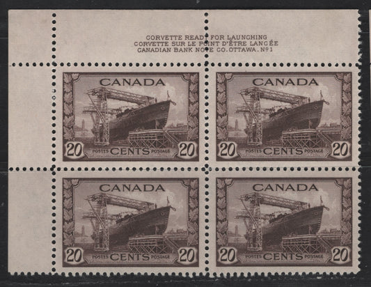 Lot 268 Canada #260 20c Chocolate Corvette, 1942-1943 War Issue, A VFNH UL Plate 1 Block Of 4, Perf 12, Perf Separating At Top