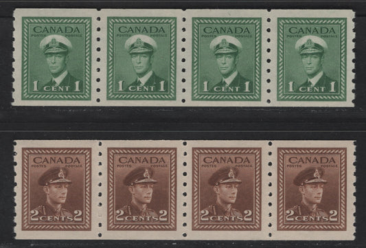 Lot 270 Canada #263-264 1c - 2c Green - Brown King George VI, 1942-1943 War Issue Coils, 2 VFNH Coil Strips Of 4, Perf 8 Vertical