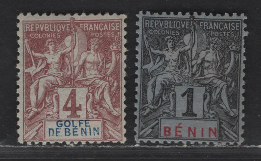 Lot 27 Benin SC#22, 33 4c - 1c Claret on Lavender - Bkack on Bluish Navigation & Commerce, 1893-1894 Navigation & Commerce Issue, 2 VFOG Singles