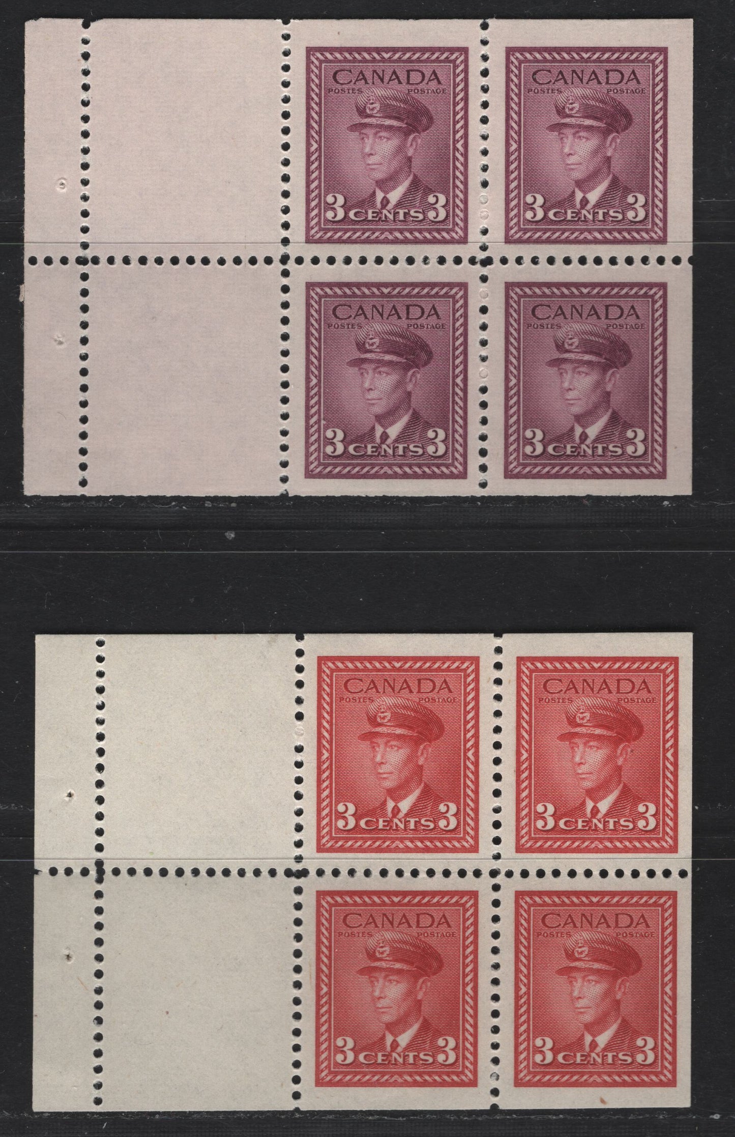 Lot 275 Canada #251a-252a 3c Dark Carmine & Rose Violet King George VI, 1942-1943 War Issue, 2 VFNH Booklet Panes Of 4