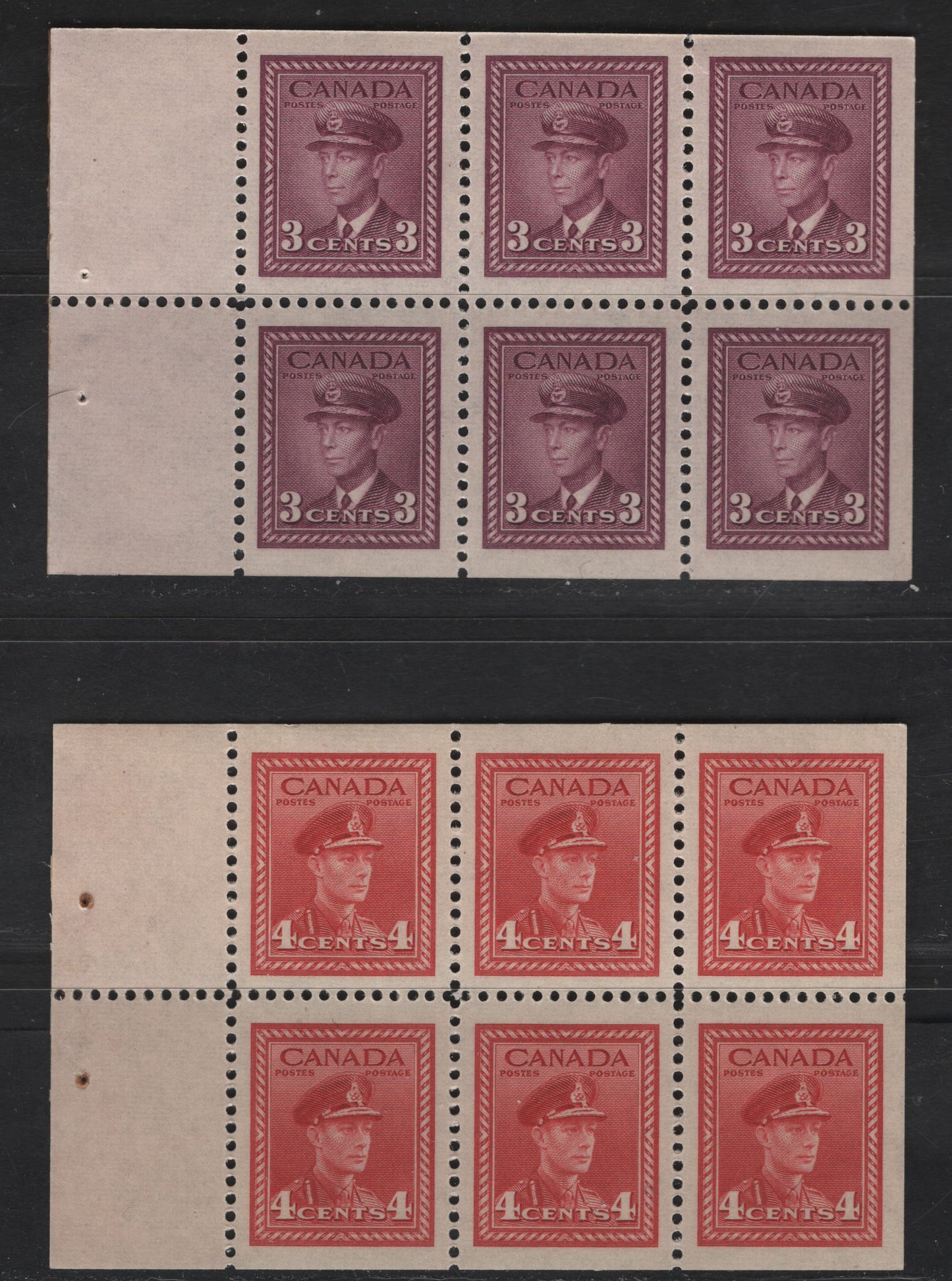 Lot 276 Canada #252c, 254a 3c - 4c Rose Violet - Dark Carmine King George VI, 1942-1943 War Issue, 2 VFNH Booklet Panes Of 4 & 6