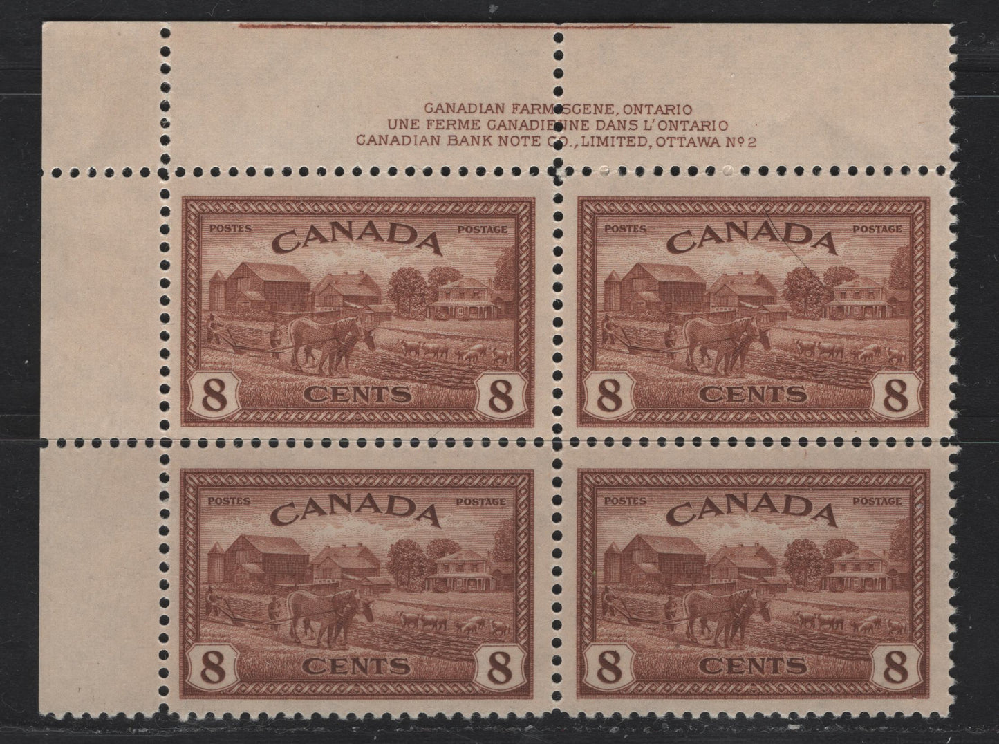 Lot 277 Canada #268 8c Red Brown Eastern Farm Scene, 1946 Peace Issue, A VFNH UL Plate 2 Block Of 4, Perf 12