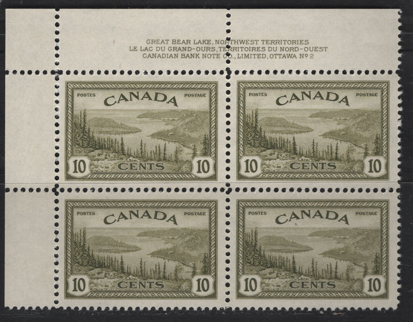 Lot 278 Canada #269 10c Olive Great Bear Lake, 1946 Peace Issue, A VFNH UL Plate 2 Block Of 4, Perf 12