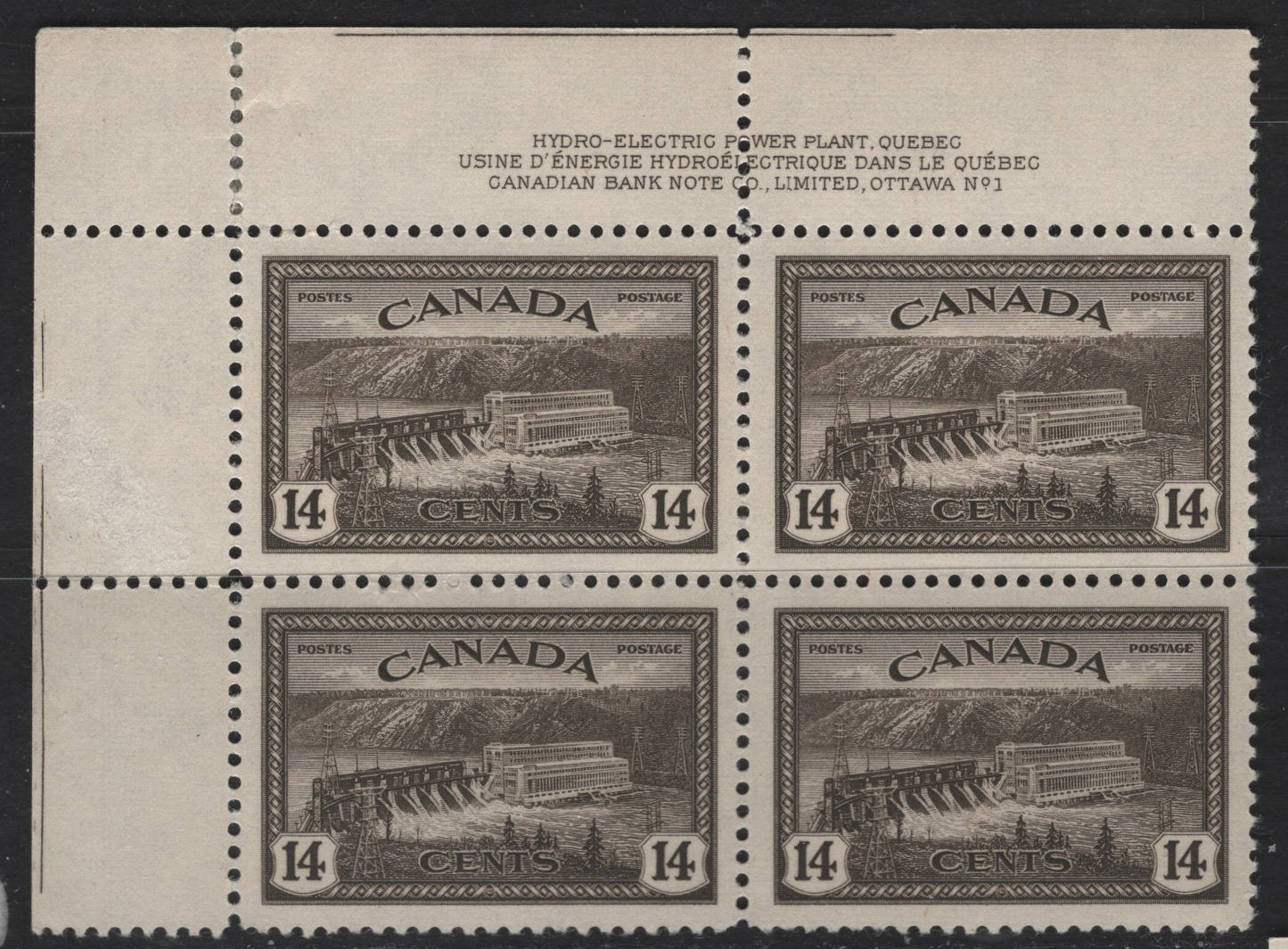 Lot 279 Canada #270 14c Black Brown Hydroelectric Station, 1946 Peace Issue, A VFNH UL Plate 1 Block Of 4, Perf 12