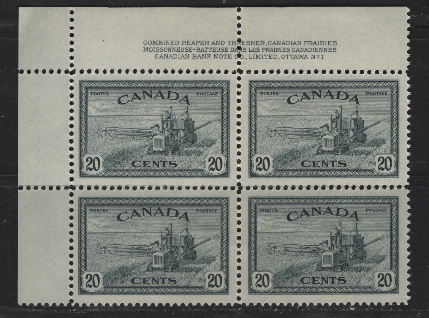 Lot 280 Canada #271 20c Slate Black Combine Harvesting, 1946 Peace Issue, A VFNH UL Plate 1 Block Of 4, Perf 12