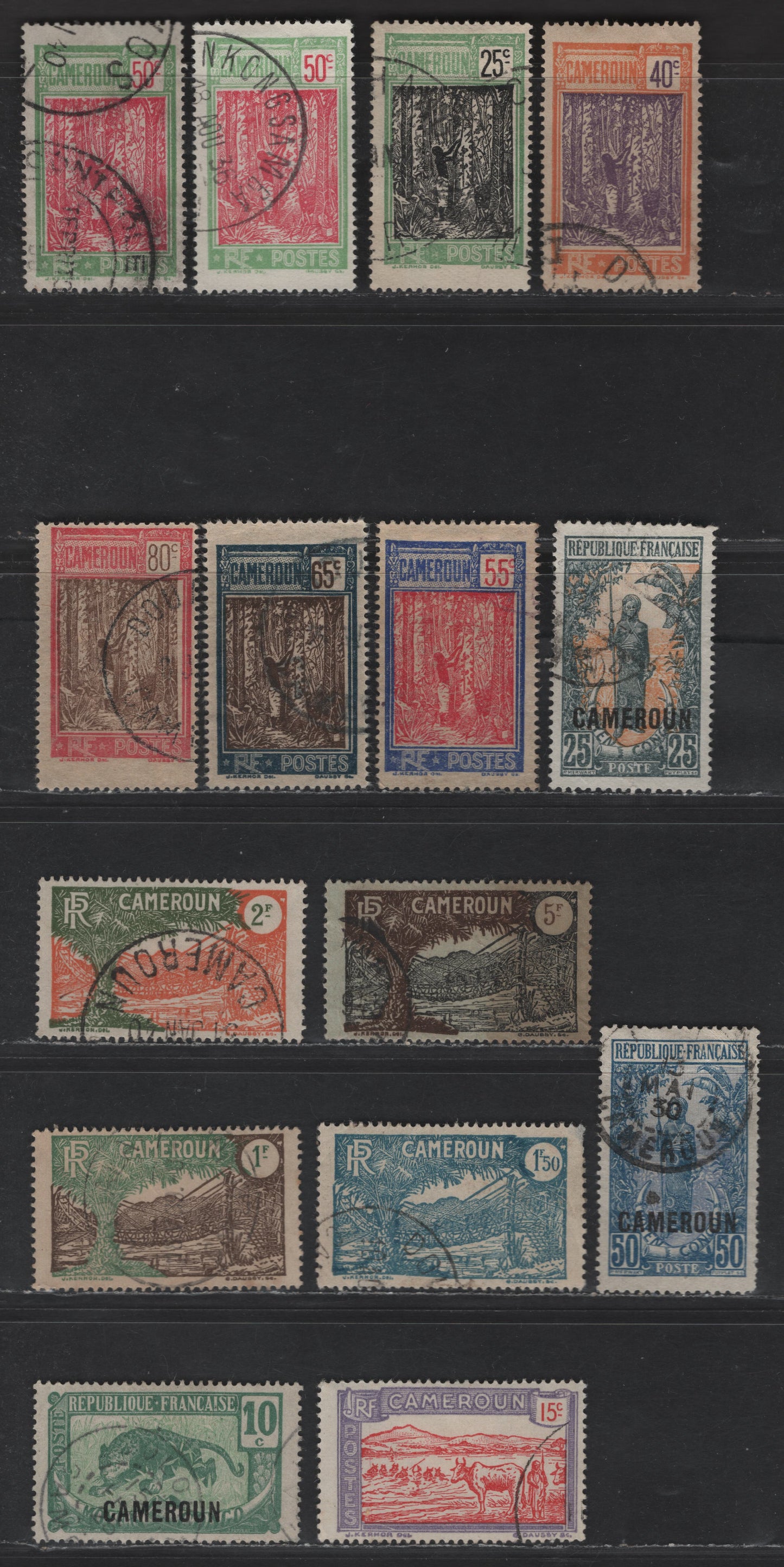 Lot 28 Cameroun SC#151/209 15c - 5fr Lilac & Red - Brown & Black on Bluish Overprints - Rope Suspension Bridge, 1921-1938 Overprinted Middle Congo & Pictorial Definitive Issues, 15 Fine/Very Fine Used Singles