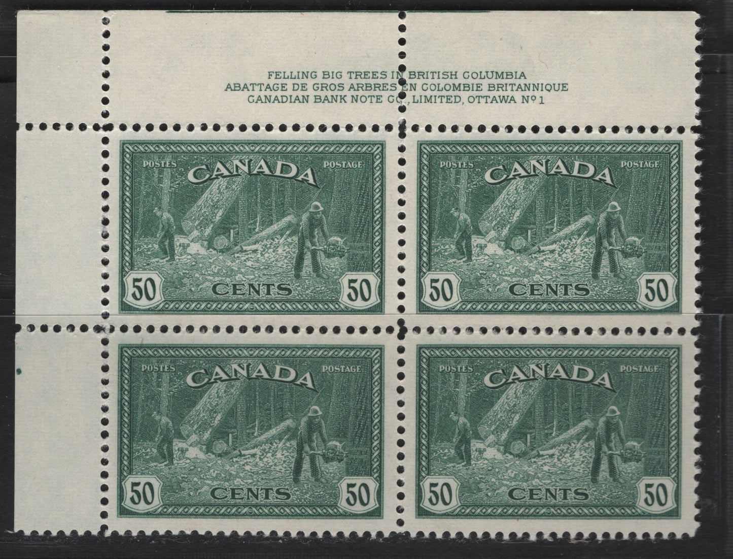 Lot 281 Canada #272 50c Dark Blue Green Logging, BC, 1946 Peace Issue, A VFNH UL Plate 1 Block Of 4, Perf 12