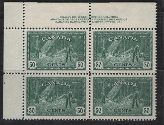 Lot 281 Canada #272 50c Dark Blue Green Logging, BC, 1946 Peace Issue, A VFNH UL Plate 1 Block Of 4, Perf 12