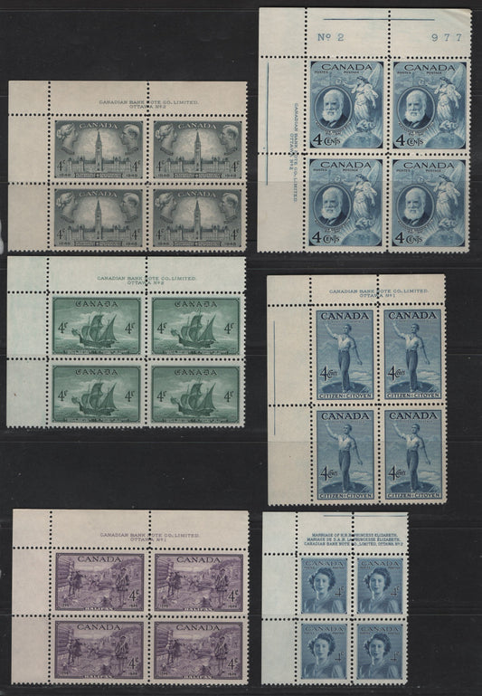 Lot 283 Canada #274-277, 282-283 4c Deep Blue - Purple Alexander Graham Bell - Founding Of Halifax, 1947-1949 Commemorative Issues, 6 VFNH UL Plates 1 & 2 Blocks Of 4, Perf 12