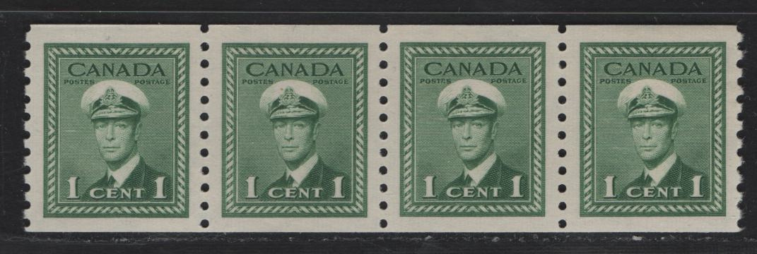 Lot 284 Canada #278 1c Green King George VI, 1948 War Issue Coils, A VFNH Coil Strip Of 4, Perf 9.5 Vertical