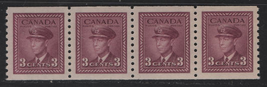 Lot 286 Canada #280 3c Rose Violet King George VI, 1948 War Issue Coils, A VFNH Coil Strip Of 4, Perf 9.5 Vertical
