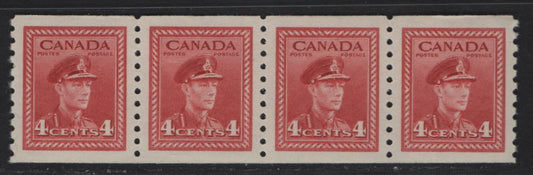 Lot 287 Canada #281 4c Dark Carmine King George VI, 1948 War Issue Coils, A VFNH Coil Strip Of 4, Perf 9.5 Vertical