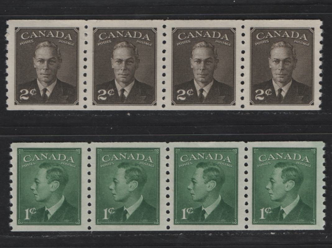 Lot 289 Canada #297-298 1c - 2c Green - Sepia King George VI, 1950 Postes-Postage Coil Issue, 2 VFNH Coil Strips Of 4, Perf 9.5 Vertical