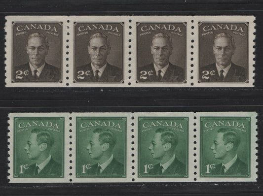 Lot 289 Canada #297-298 1c - 2c Green - Sepia King George VI, 1950 Postes-Postage Coil Issue, 2 VFNH Coil Strips Of 4, Perf 9.5 Vertical