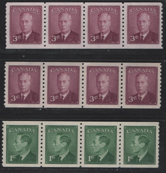 Lot 290 Canada #295-296, 299 1c - 3c Green - Rose Violet King George VI, 1949-1950 Postes-Postage & Postes-Postage Omitted Coil Issues, 3 VFNH Coil Strips Of 4, Perf 9.5 Vertical