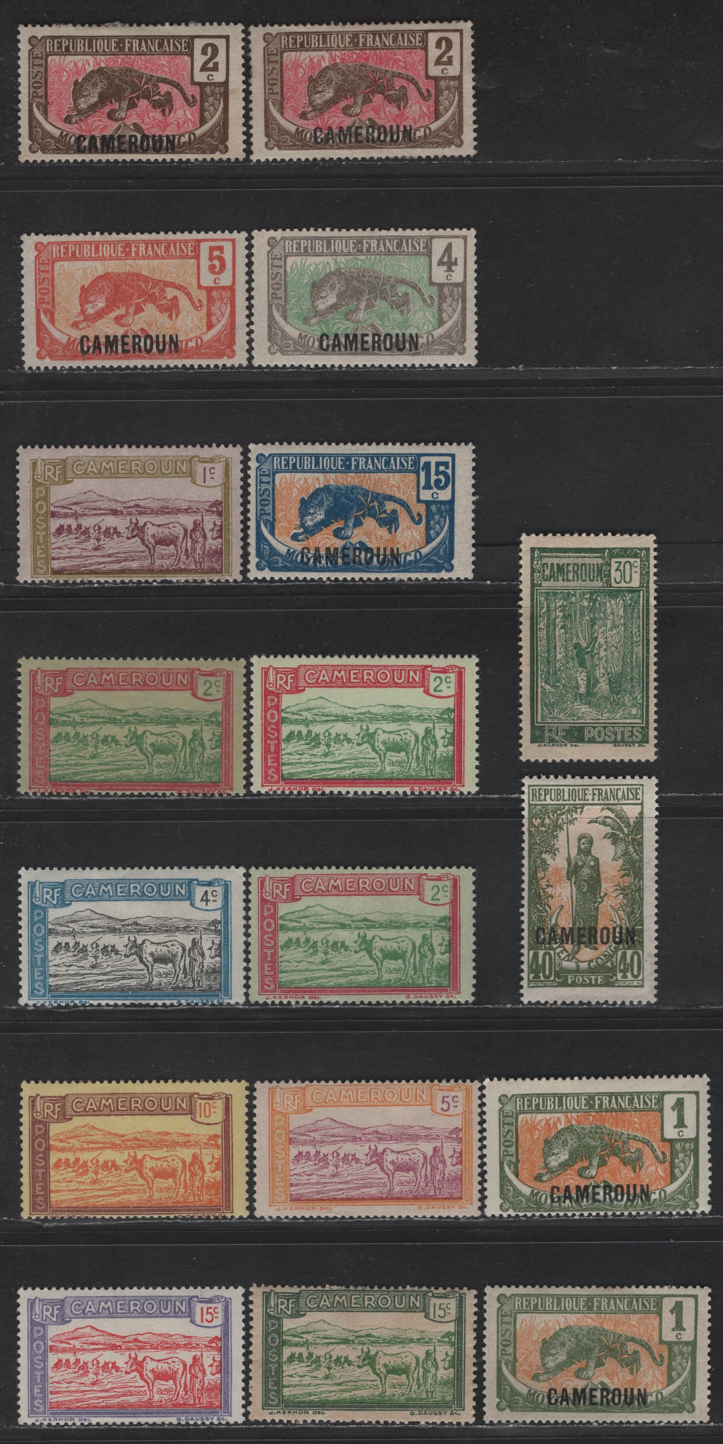 Lot 29 Cameroun SC#147-150, 152, 157, 170-176, 182 1c - 30c Olive Green & Orange - Dark Green & Green Overprints - Tapping Rubber Tree, 1921-1938 Overprinted Middle Congo & Pictorial Definitive Issues, 18 F/VFOG Singles, Extra Shades
