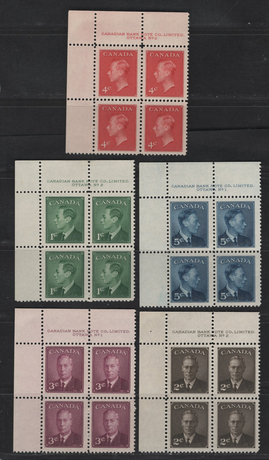 Lot 292 Canada #289-293 1c - 5c Green - Deep Blue King George VI, 1950 Postes-Postage Omitted Issue, 5 VFNH UL Plates 1 & 2 Blocks Of 4, Perf 12