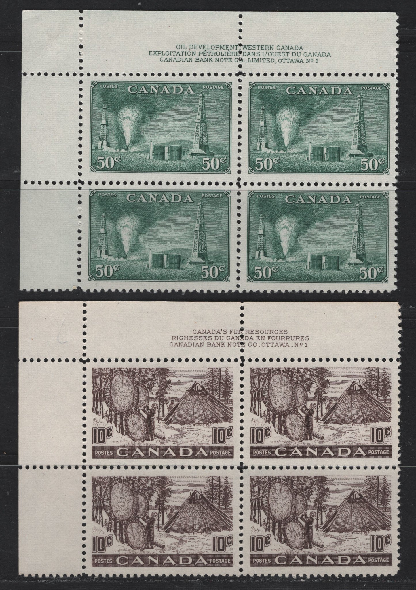 Canada #294, 301 50c & 10c Dull Green - Black Brown Oil Wells - Drying Skins, 1950 Oil & Fur Resources Issues, 2 VFNH UL Plates 1 & 2 Blocks Of 4, Perf 12